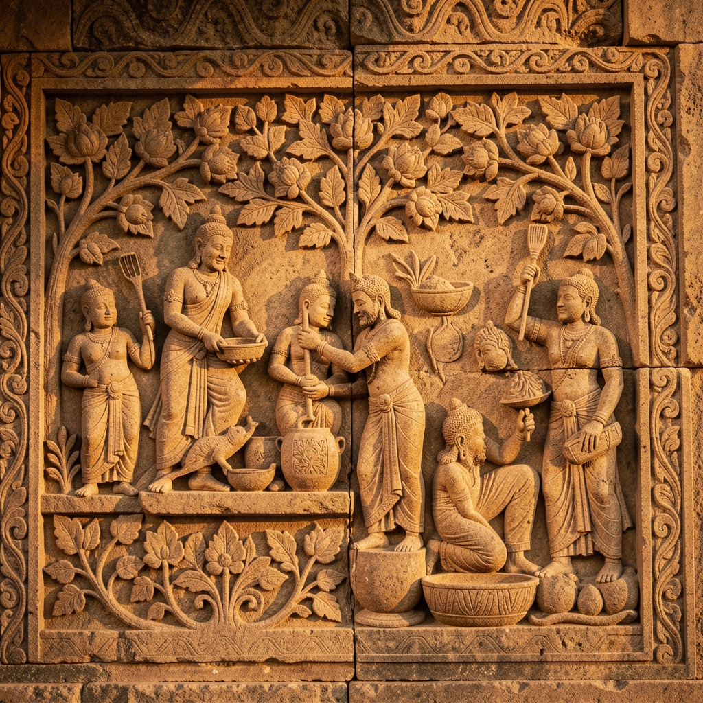 Stone relief carvings on an ancient temple wall depicting figures engaged in daily activities, surrounded by ornate botanical patterns, in warm amber directional light revealing fine texture