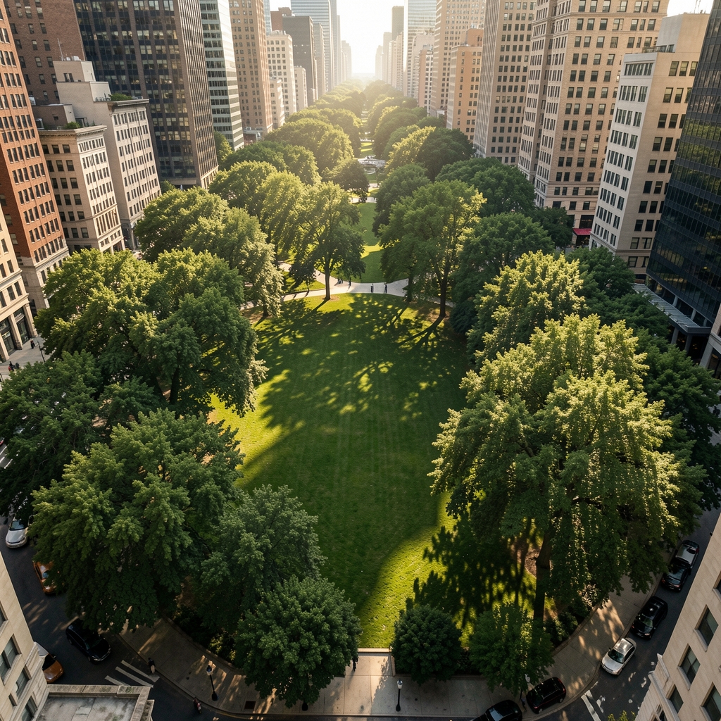 Aerial view of a dense urban park surrounded by city buildings, with sunlight filtering through tree canopy creating dappled patterns on grass, illustrating the intersection of nature and urban environment
