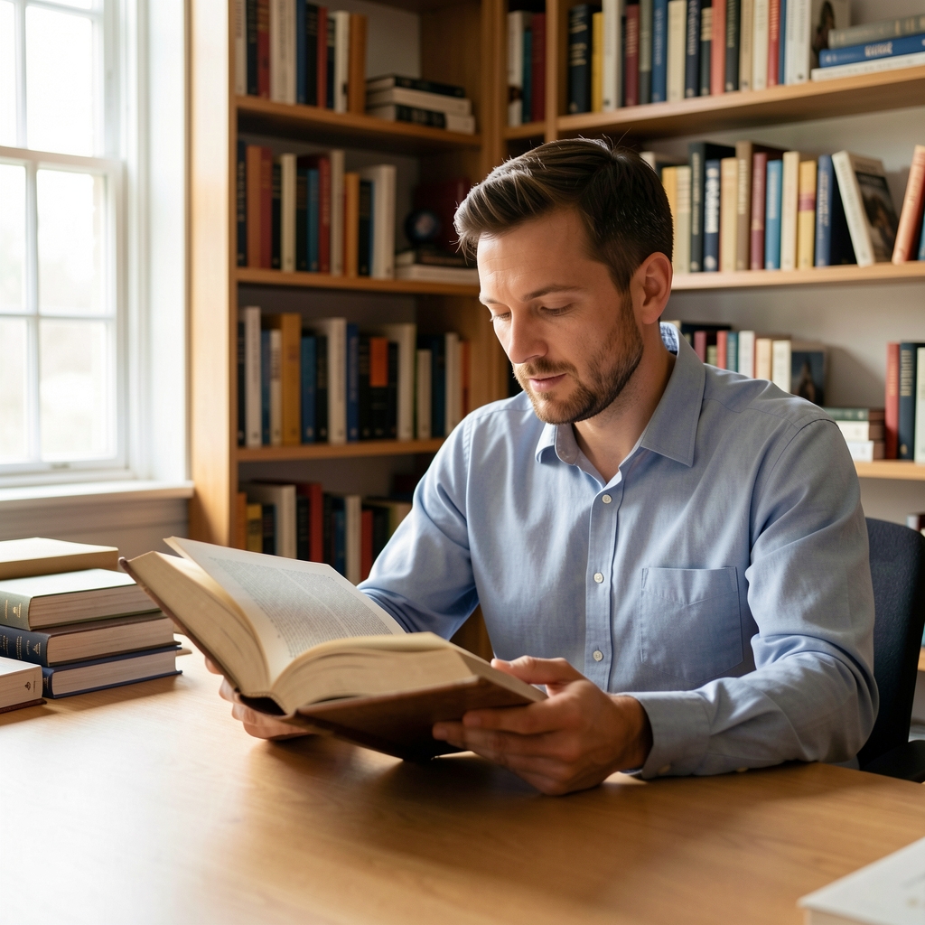 Man seated at a desk in a well-lit room reading a large open book, surrounded by shelves of books, in calm afternoon light suggesting quiet intellectual engagement