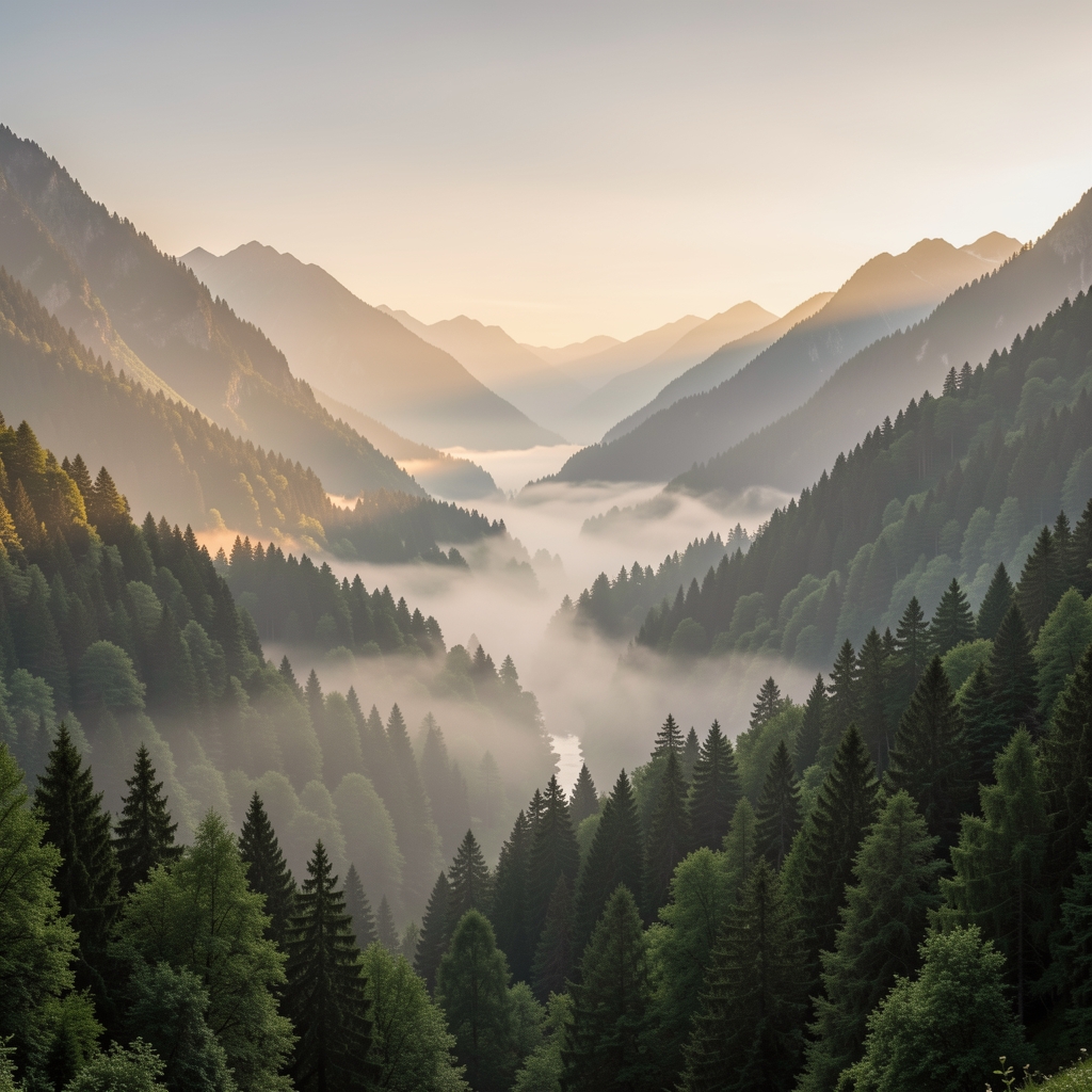 Wide serene mountain valley at dawn with soft golden light illuminating dense forest and mist rolling through the landscape, evoking calm and natural balance