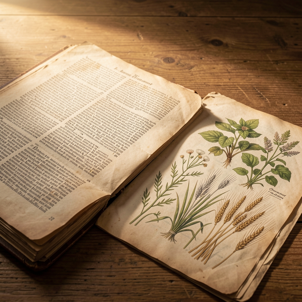 Aged parchment manuscript pages spread on a wooden table beside botanical illustrations of plants and grains, lit by warm directional light, evoking historical scholarship